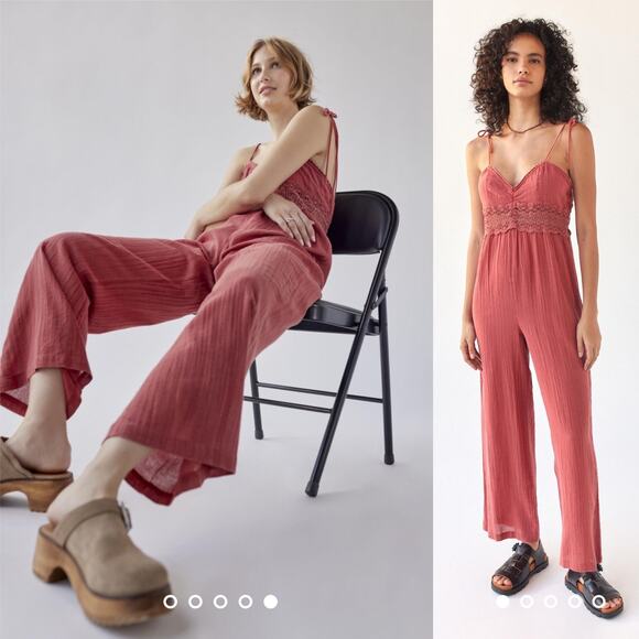 Urban Outfitters Tilly Lace Inset Crochet Boho Gauze Jumpsuit Rust Red Sz S NWT - Picture 7 of 12